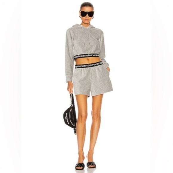 ALEXANDER WANG Stretch Corduroy Cropped Long Sleeve Hoodie in Heather Gray - Picture 6 of 10